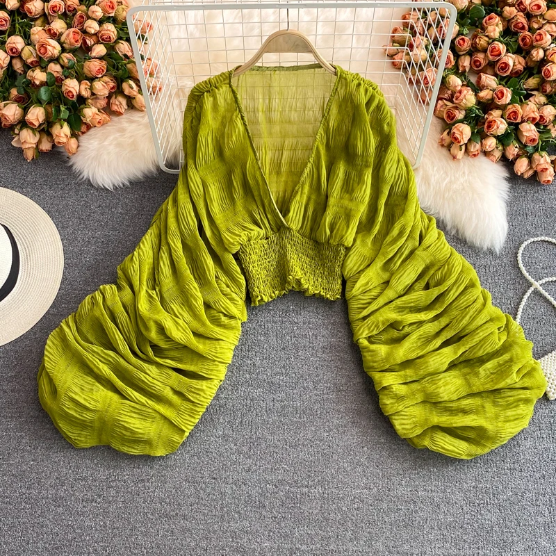 

Женский шикарный шифоновый топ с длинными рукавами-фонариками, женские рубашки с глубоким V-образным вырезом, модная сексуальная блузка для вечеринок в ночном клубе, летний зимний топ