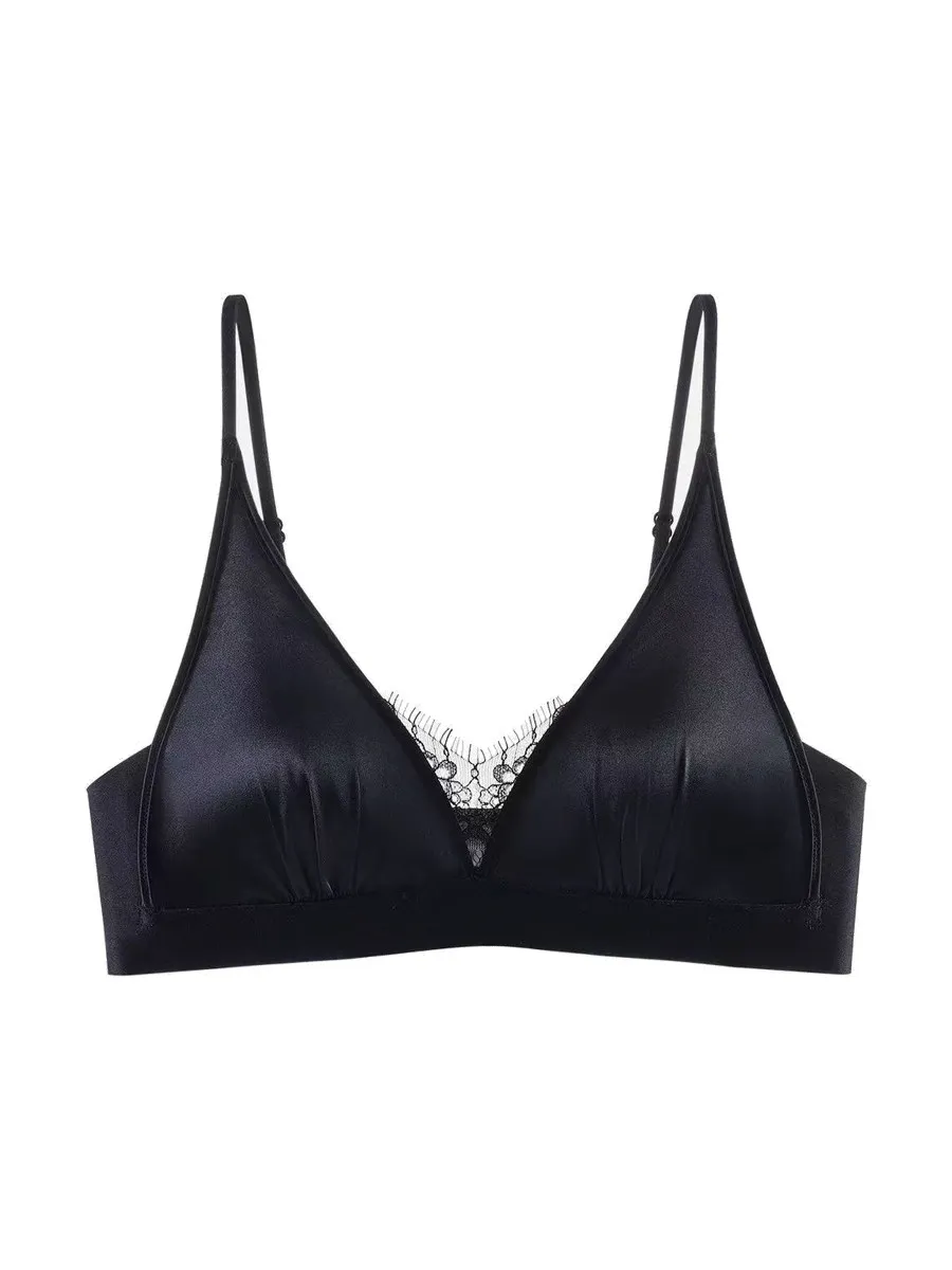 Seamless Ultra-Thin French Deep V Lace Triangle Cup Bra, Wireless Satin Lingerie, Gathered & Supportive for Small Bust, Sexy Sty