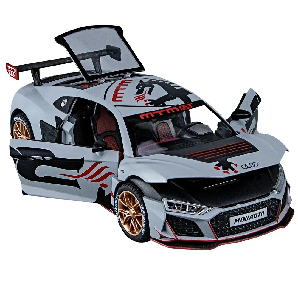 1/24 Audi R8 Track Edition symulacja aluminiowy model samochodu sportowego dźwięk i światło wycofać zabawka dla dzieci