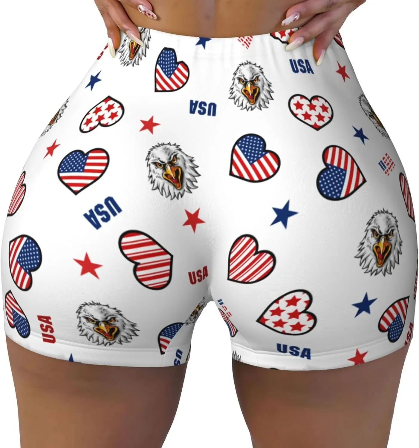 

USA Eagle Flag Hearts Women's High Waist Workout Shorts for Sports Athletic Running Hiking Biker Yoga Gym Shorts