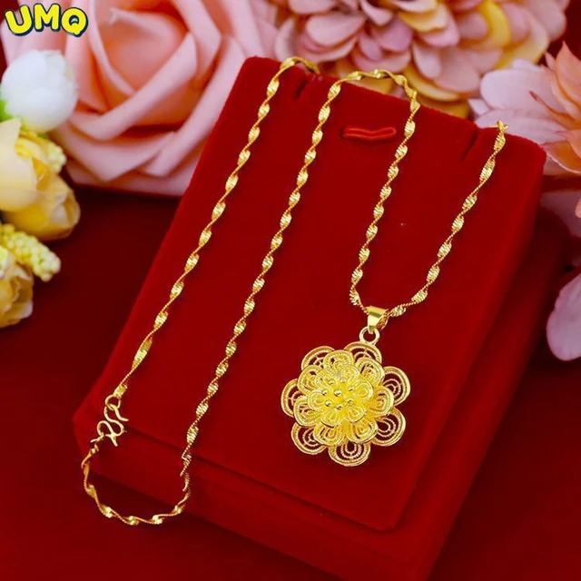 Plated 100% Real Gold 24k 999 gold necklace women's simulation 24K flower  pendant 999 jewelry Pure 18K Gold Jewelry - AliExpress