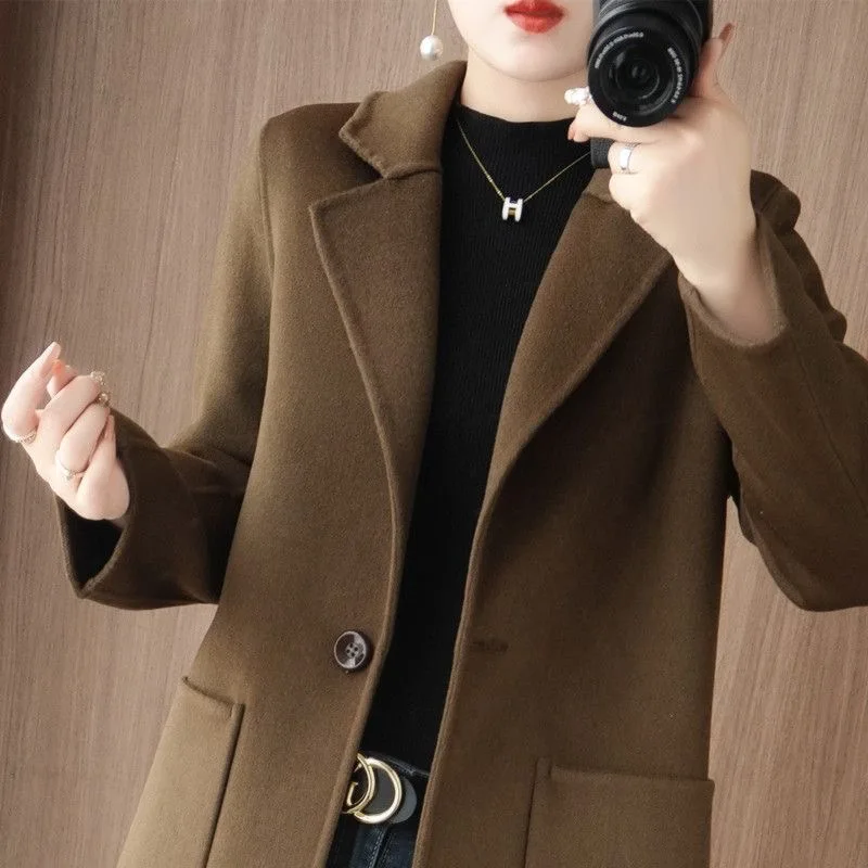 Double-Sided Woolen Coat Spring Autumn Ladies Mid-Length Short Style Korean Version Slim Fit Long Sleeve  Collar Single B...