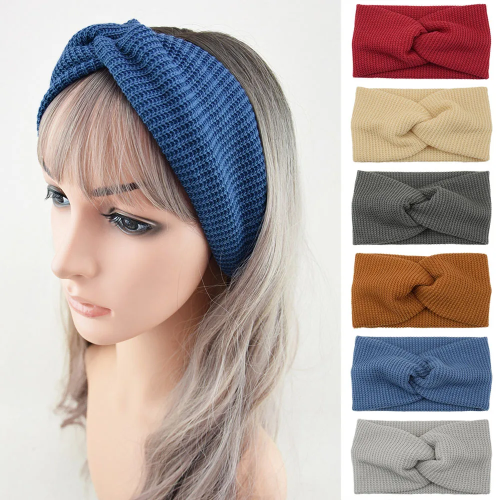 Women Solid Color Headband Winter Knitted Ear Warmer for Women Warm woolen Cross Knot Turban Girls Hair Band Hair Accessories