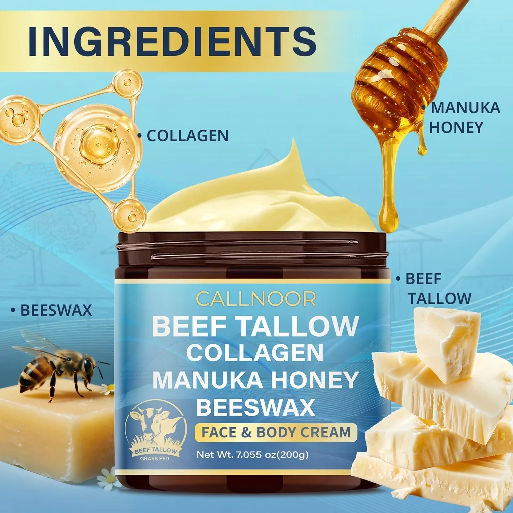 Beef Tallow Face & Body Cream, Grass Fed, with Collagen, Manuka Honey & Beeswax, Deep Moisturizing, Tightens & Firms.