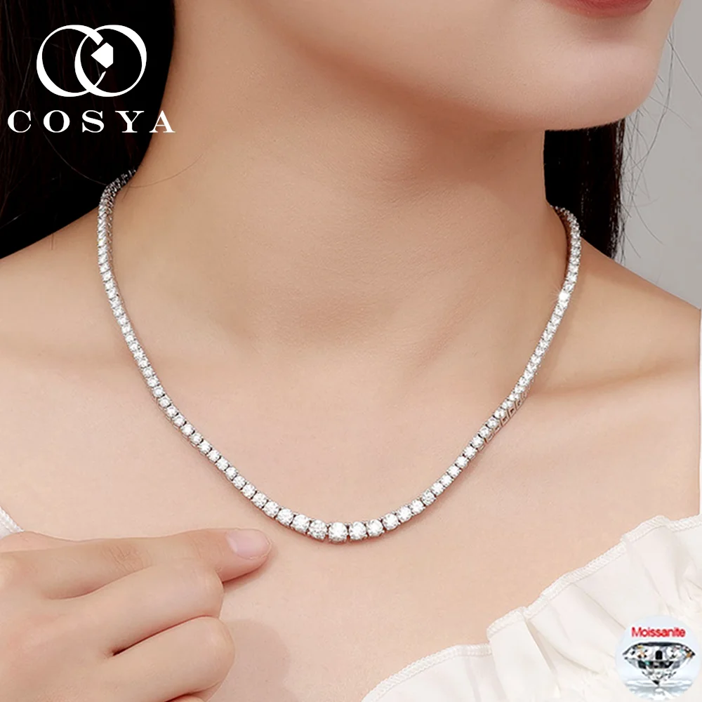 

COSYA Теннисное ожерелье из настоящего муассанита, 100% серебро S925, цвет D, лабораторная бриллиантовая цепочка на шею для женщин и мужчин, вечерние ювелирные украшения