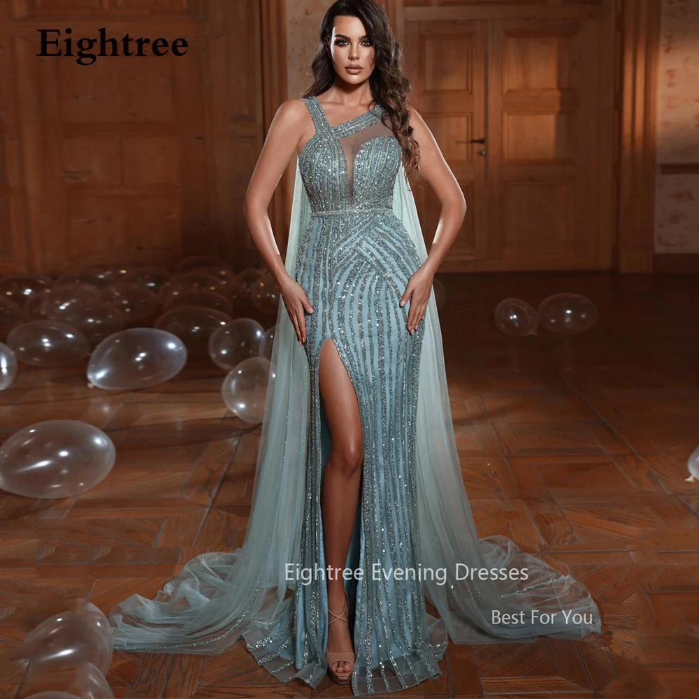 

Eightree Glitter Luxury Blue Evening Dresses Sleeveless V Neck Sparkly Prom Gowns Special Event Slit Formal Occasion Party Dress