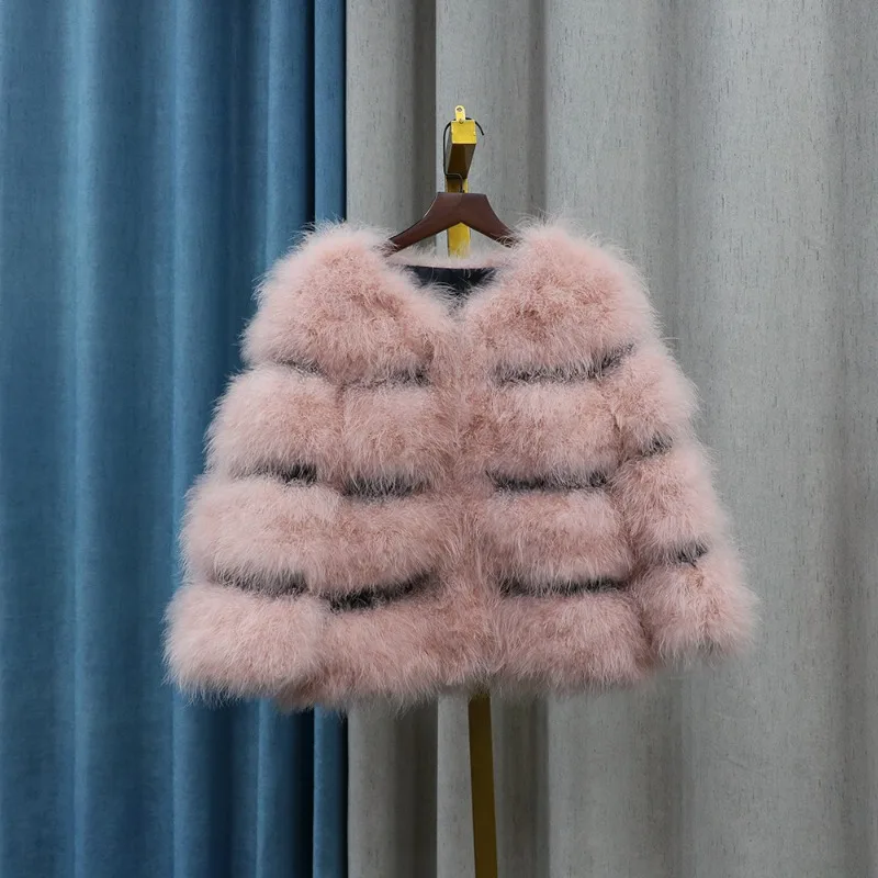 Real Ostrich Fur Feather Coat Short Jacket Furry Fluffy Party Long Sleeve Winter Women Coat Outerwear Plus Size Puffy Turkey Fur