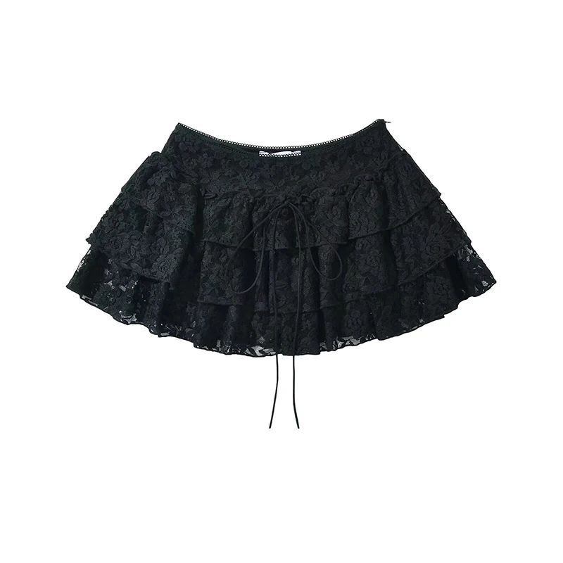 YENKYE 2015 Women Yellow Black Y2K Lace Mini Skirt Sexy Low Waist Side Zipper A-line  Layered Summer Skirts With Short Lining