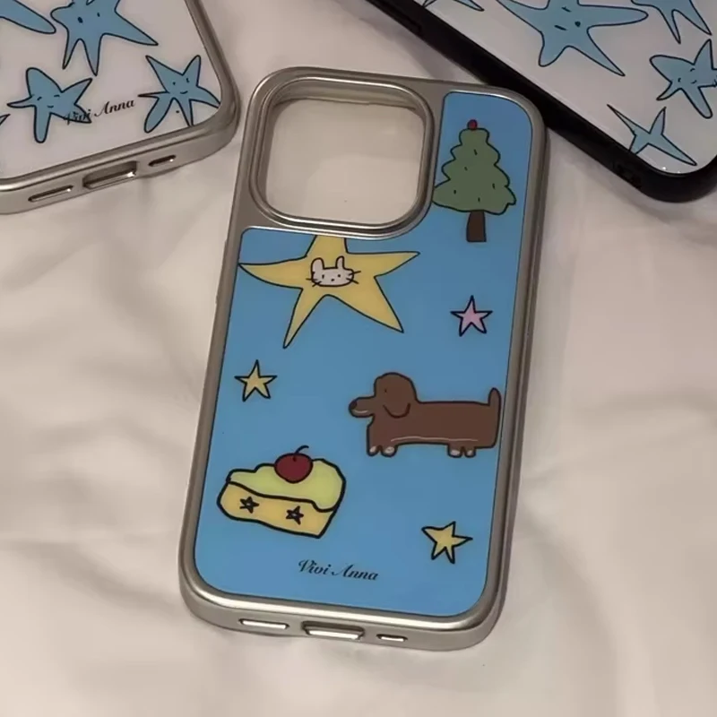 Ins Niche Creative Blue Star Puppy Couple Glossy Surface Phone Case For iPhone 17AIR 16 15 14 13 12 11 Pro MAX XR Plus Y2K Cover - view 3