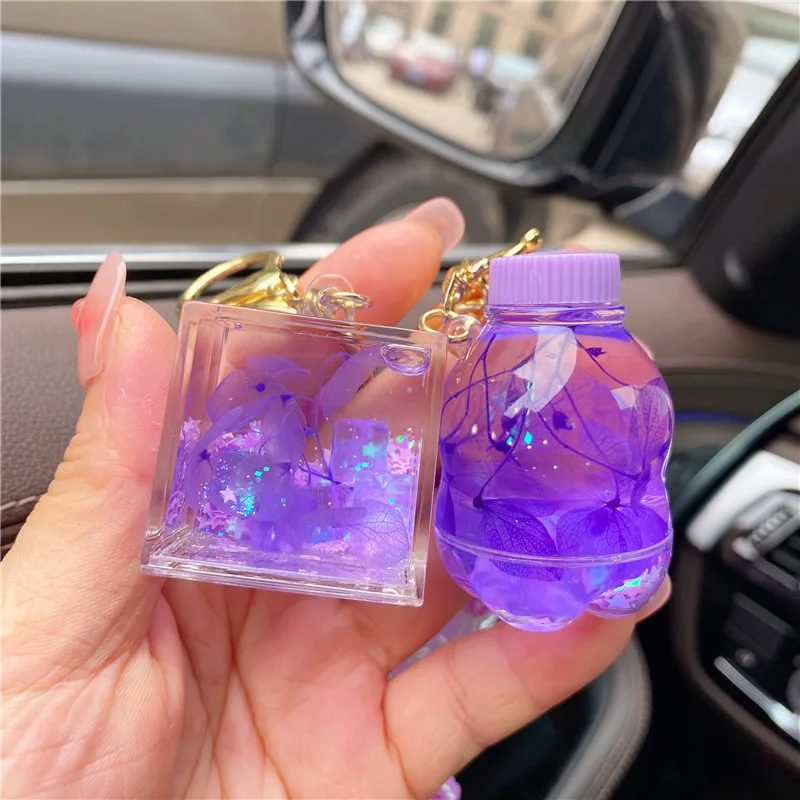 3pcs Cute Luminous Purple Dried Flower Ice Block Pillow Quicksand Bottle Key Chain Floating Liquid Sakura Milk Tea Cup Keychain