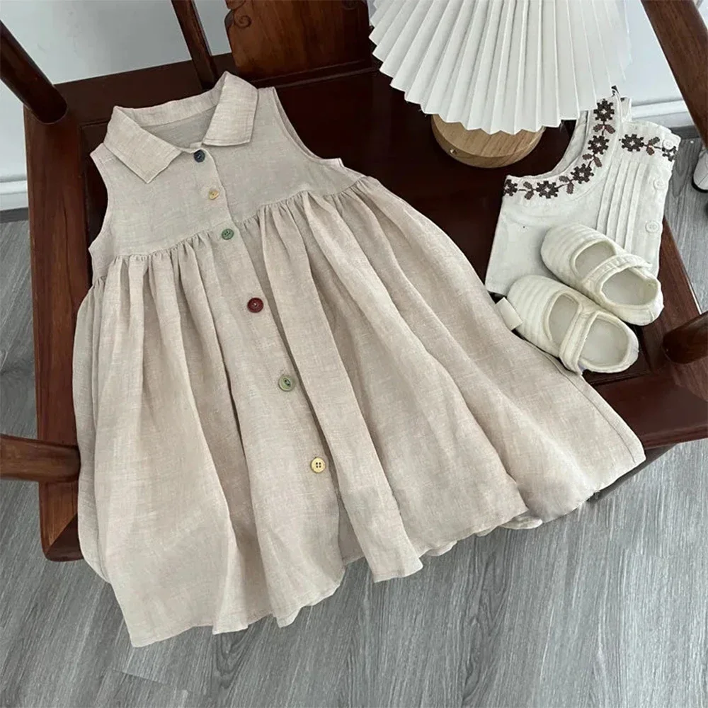 Melario Solid Color Baby Girls Dress Cotton Kids Dresses Summer Princess Party Dress Girls Sundress Single Breasted Kids Clothes