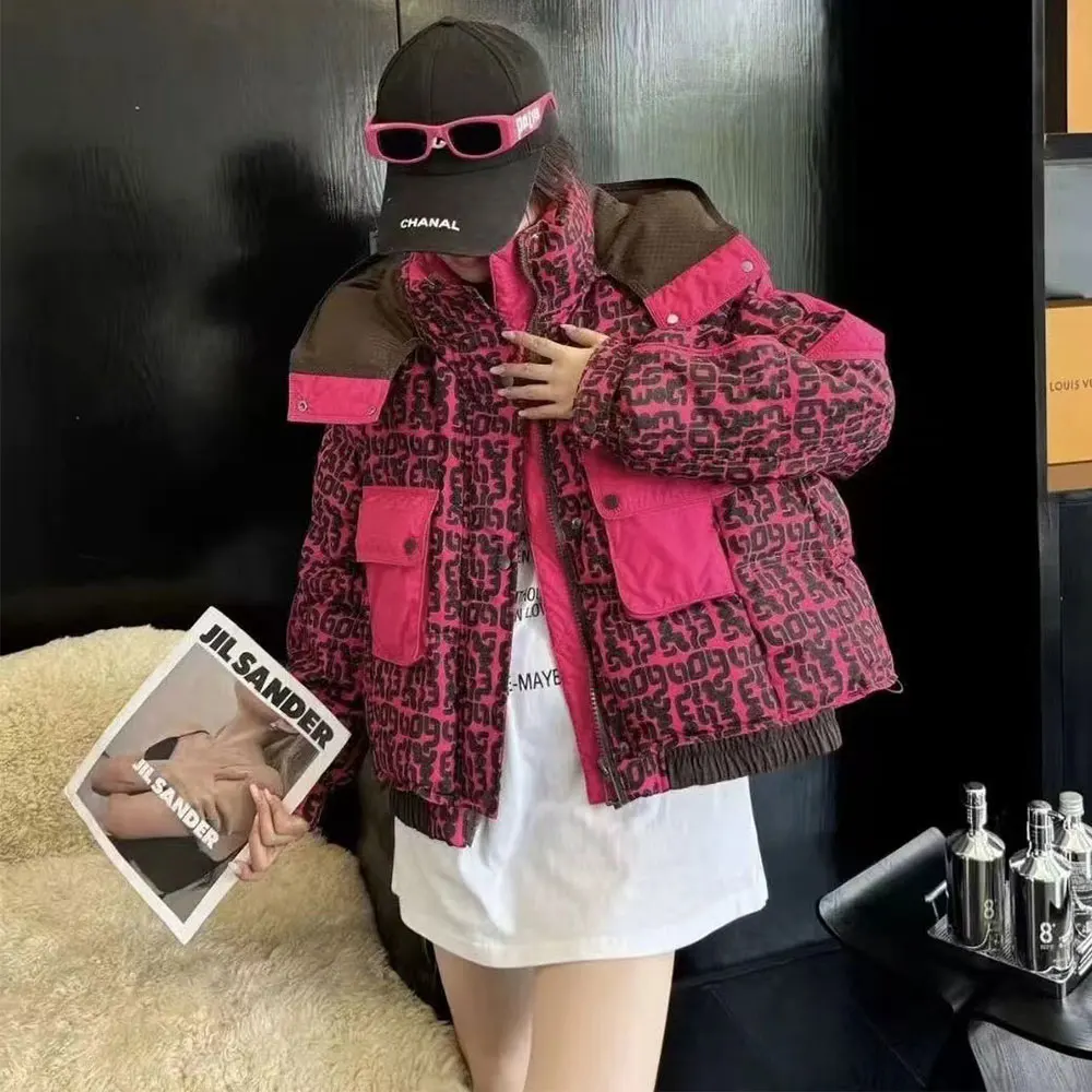 手紙プリントダウンジャケット 2025 冬の上着新韓国ファッションコントラストフード付きパーカー女性厚みのルーズホワイトダックコート
