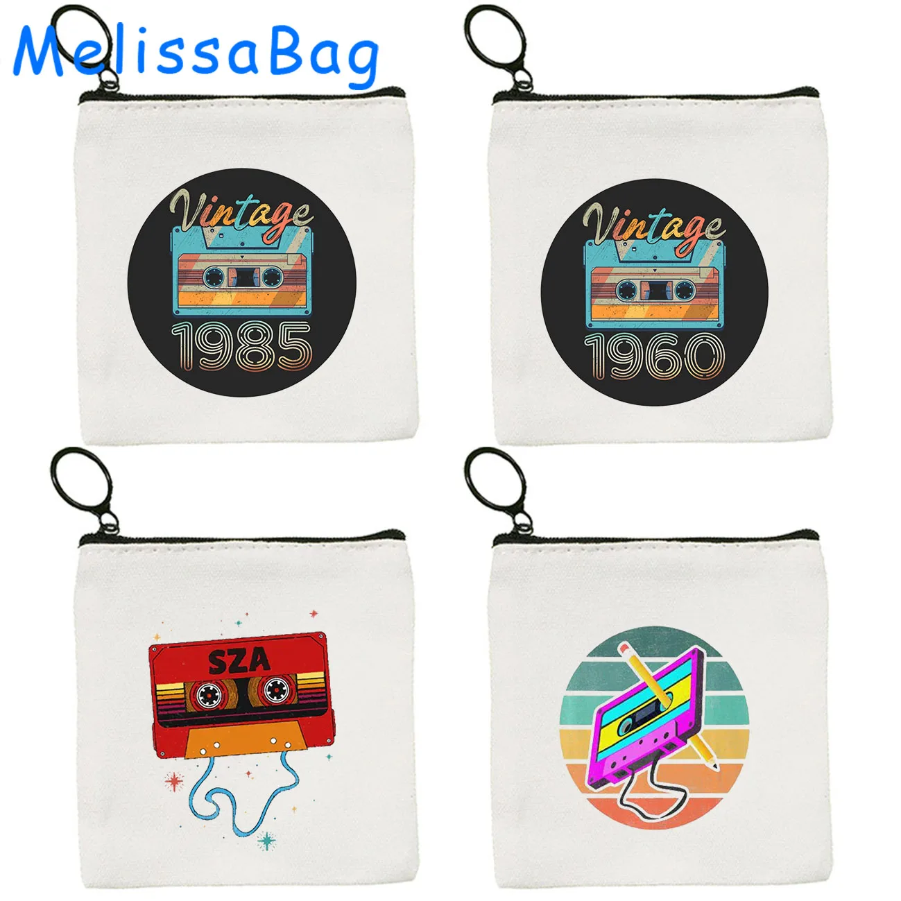 Vintage 1960 1985 Cassette Tape Retro 70's 80's 90's Music Cute Birthday Gift Canvas Coin Purse Key Case Bag Wallet Zipper Pouch