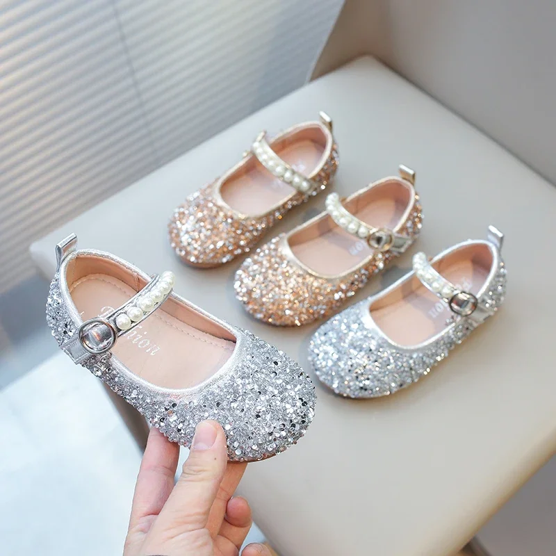 Girls Sandals Gold Sequins Pearls Princess Shoes Dance Kids Shoes Pink Non-Slip Lightweight Silver Kids Crystal Shoes Sandals