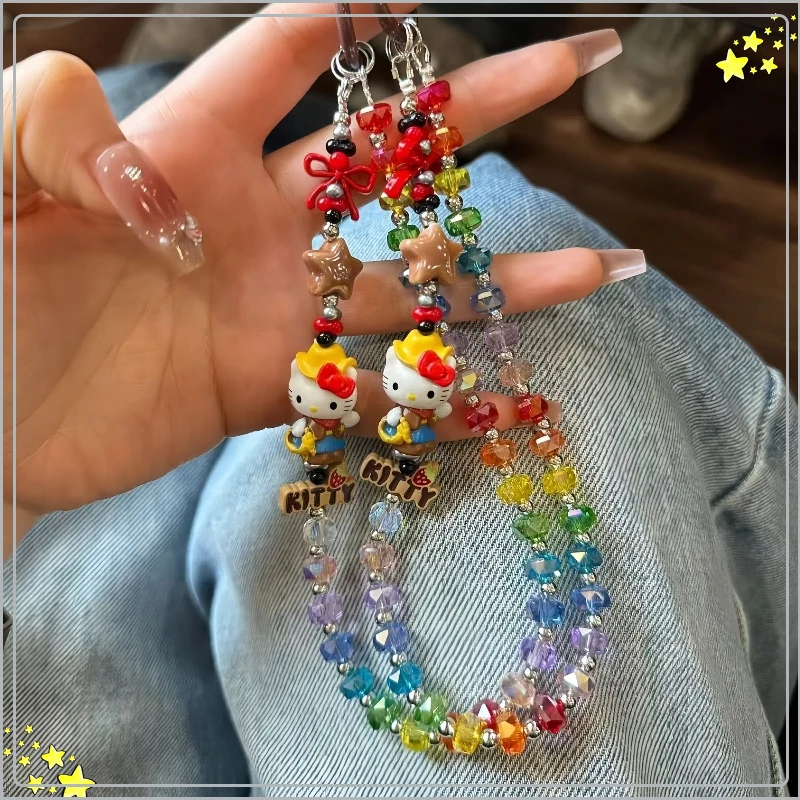 

Милая цепочка для телефона Hello Kitty с мультяшными радужными хрустальными бусинами, подвеска для мобильного телефона, рюкзака, ключей, камеры, ACG-аксессуар, милый декоративный подарок
