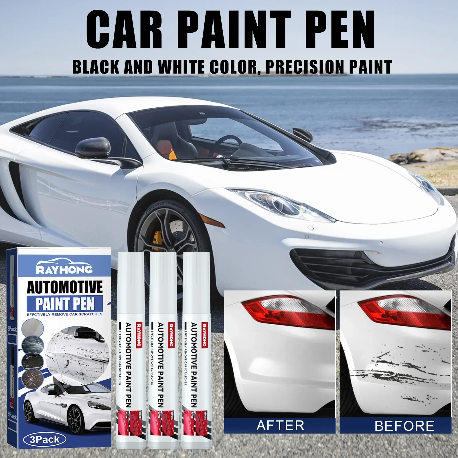 3 Pieces Paint Pen Black/White Waterproof Auto Scratch Remover Pen Automobile Paint Scratch Repair Car Grooming