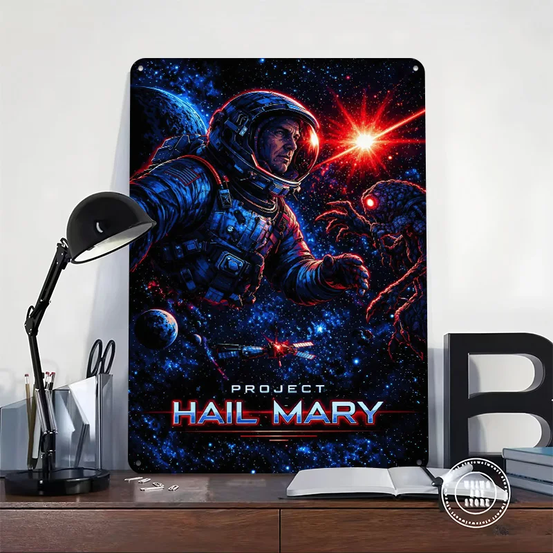 Project Hail Mary Astronaut and Alien 3D Texture Printed Poster Custom Vintage Metal Tin Plate Sign for Wall Art Office Decor