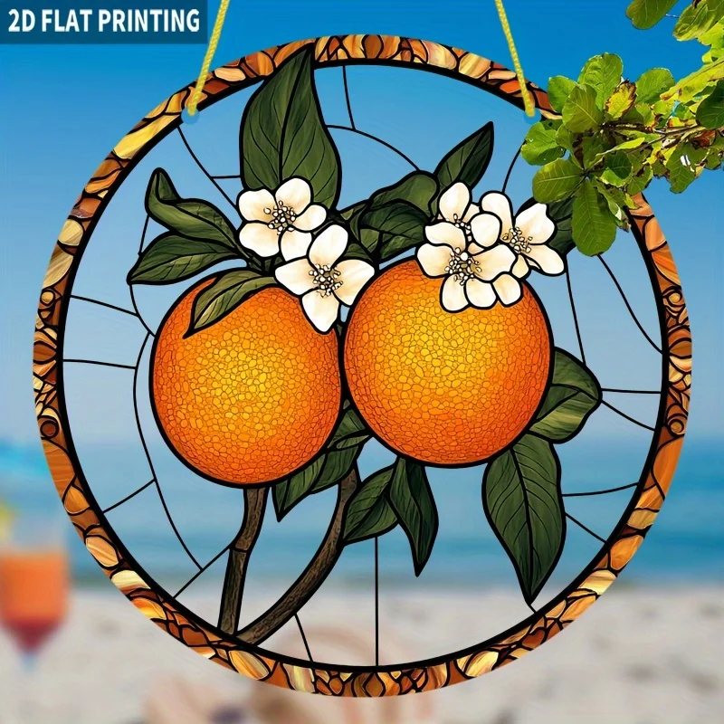 Acrylmalerei Lebendige Orange Früchte mit Weißen Blüten & Grünen Blättern Buntglas-Fensterdekoration Sonnenfänger, 2D Flach Frisch