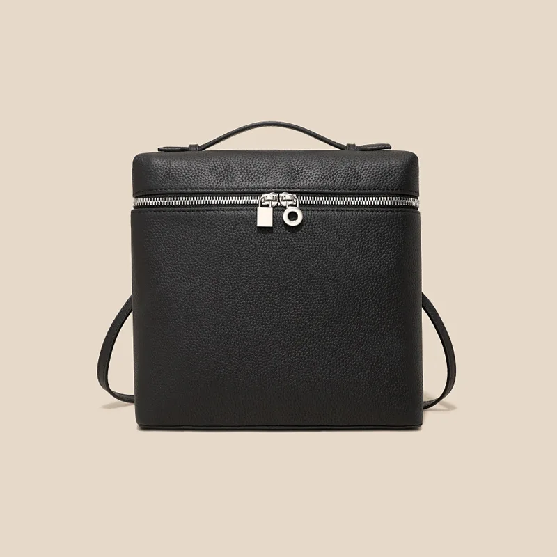 Unisex Brown Genuine Cowhide Leather Backpack Anti Theft Hidden Zipper Square Bag Minimalist Travel Daypack Daily