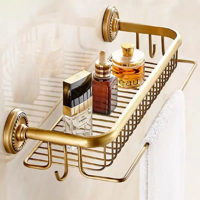 Antique bathroom towel rack multi-functional all-copper bathroom cosmetics rack wall-mounted punch-free storage rack