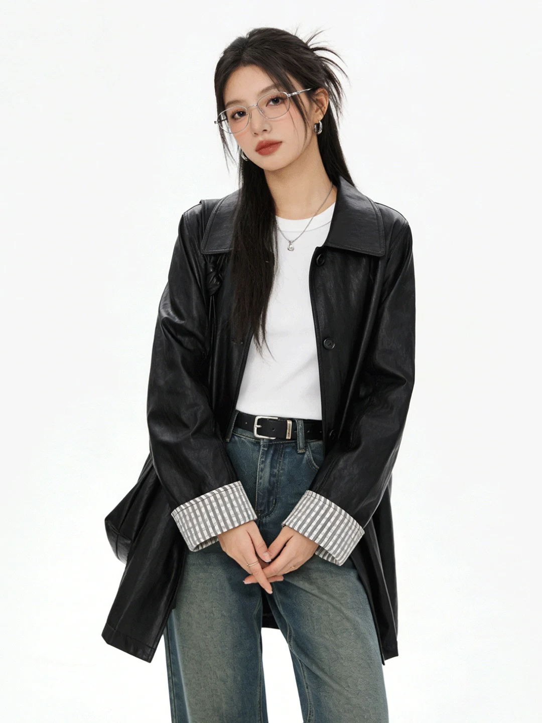 

Стильная черная мотоциклетная куртка в корейском стиле свободного кроя с клетчатым узором, воротником-стойкой, весенняя модная куртка из искусственной кожи для женщин