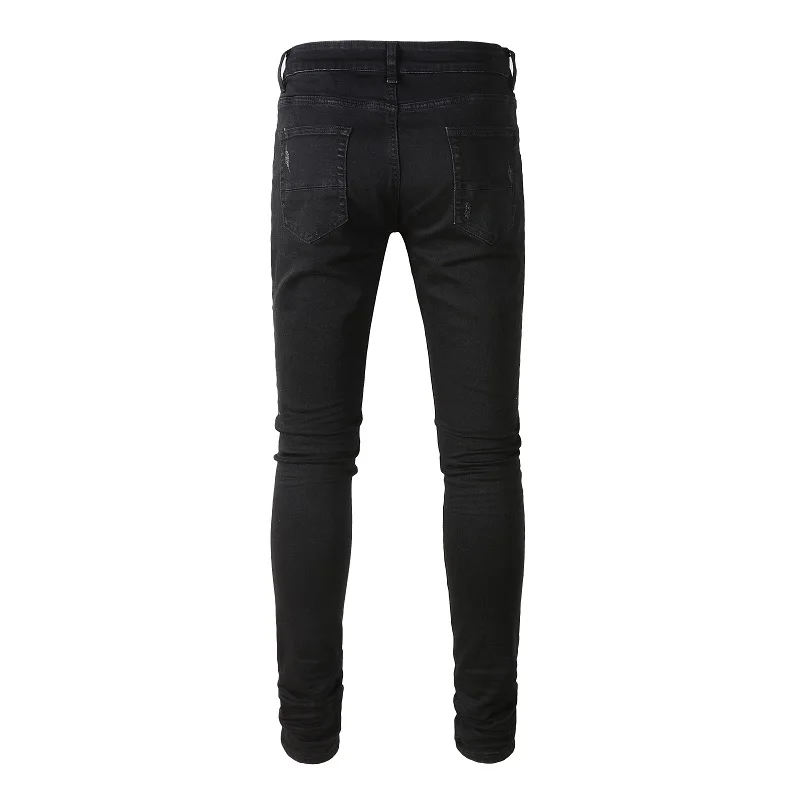 Men Classic Black Jeans Stretch Denim Holes Ripped Skinny Pants Streetwear Tapered Trousers High Quality