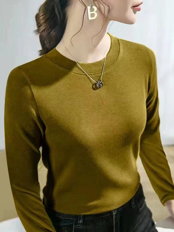 Double-Sided Velvet round Neck Base Shirt Women's Inner Wear Long Sleeve T-Shirt Slimming Warm Top Outerwear for Autumn Winter