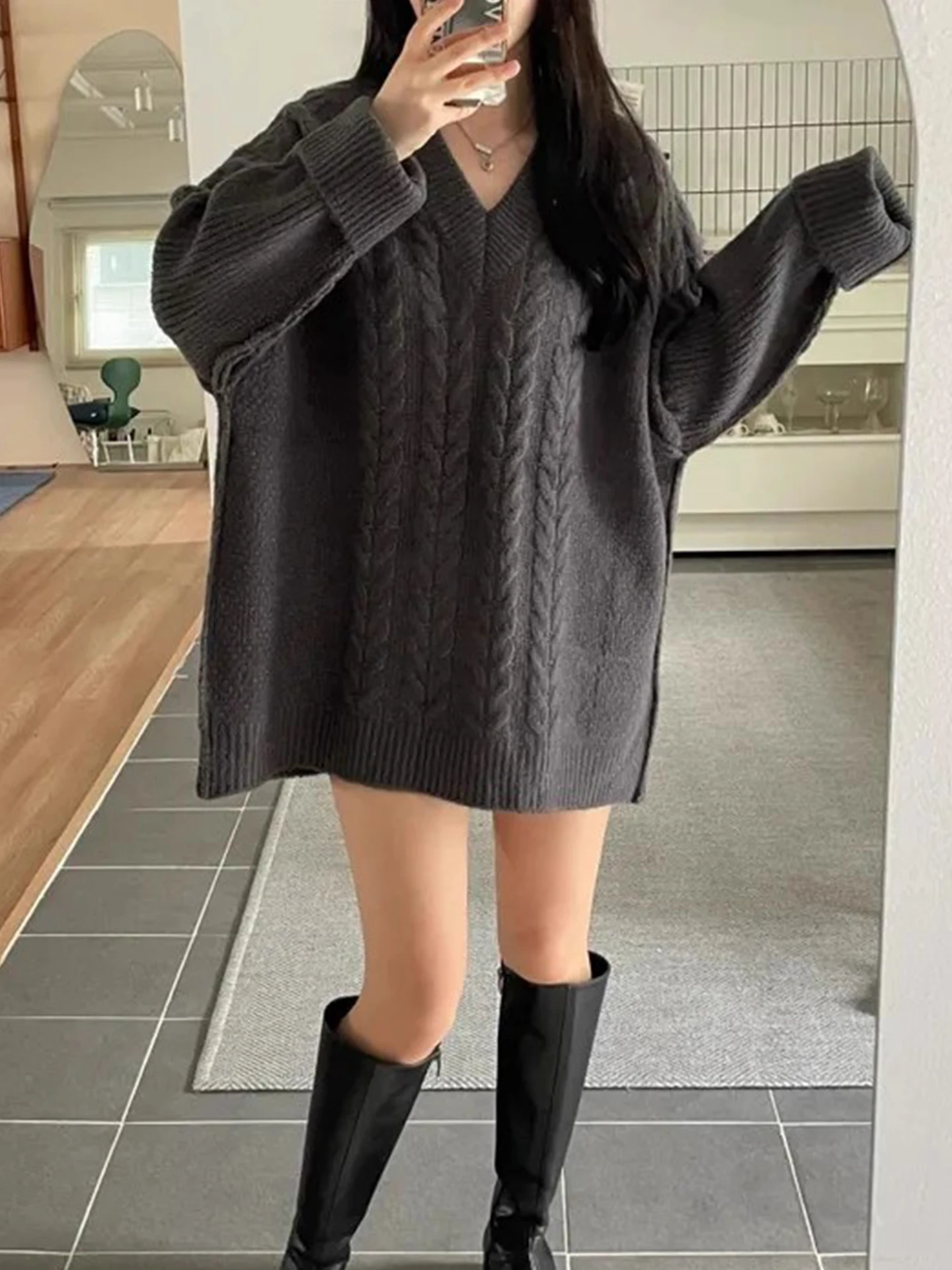 أنيقة V-Ne فضفاضة طويلة Sve محبوك الدكتور المرأة الخريف الشتاء Faion عادية Sle منتصف طول سترة Dr