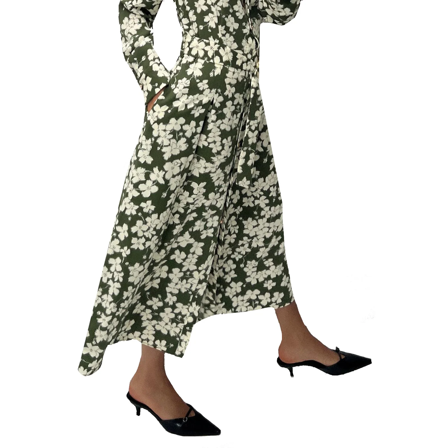 Women\'s Floral Printed Long Sleeve Dress, Long Skirt with Pleats, Slimming Waist Belt, Temperament, New, Shirt Style