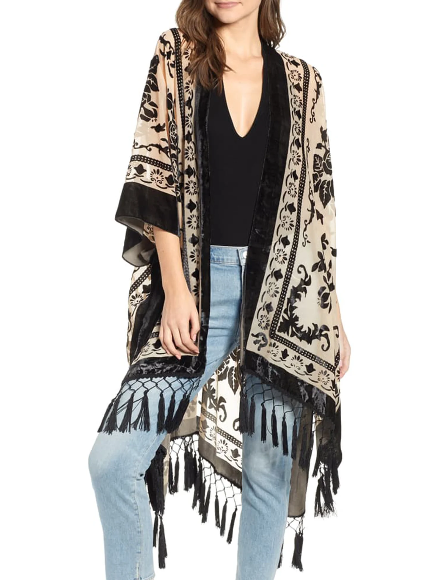 MJSERECA Bohemian Fashion women burnt plush kimono long cardigan with tassel beach cover-up luxury Holiday Casual Cardigan Shawl