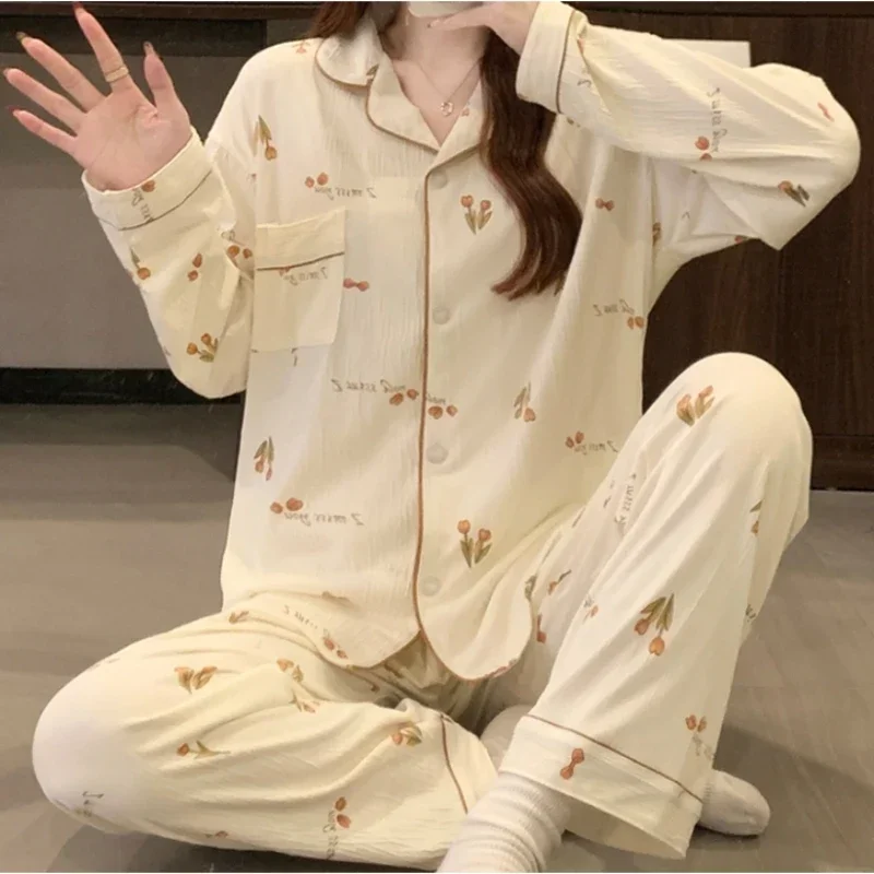 Charming Tulips Print Fashion Aesthetics Women's Pajamas Autumn Wrinkled Cloth Casual Homewear Spring Fall Sleepwear Homesuit