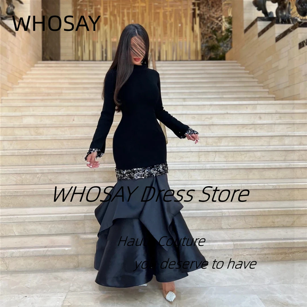 WHOSAY hoge kraag zwarte avondjurken lange mouwen pailletten gelaagde galajurk sexy backless vestidos de noches aangepast