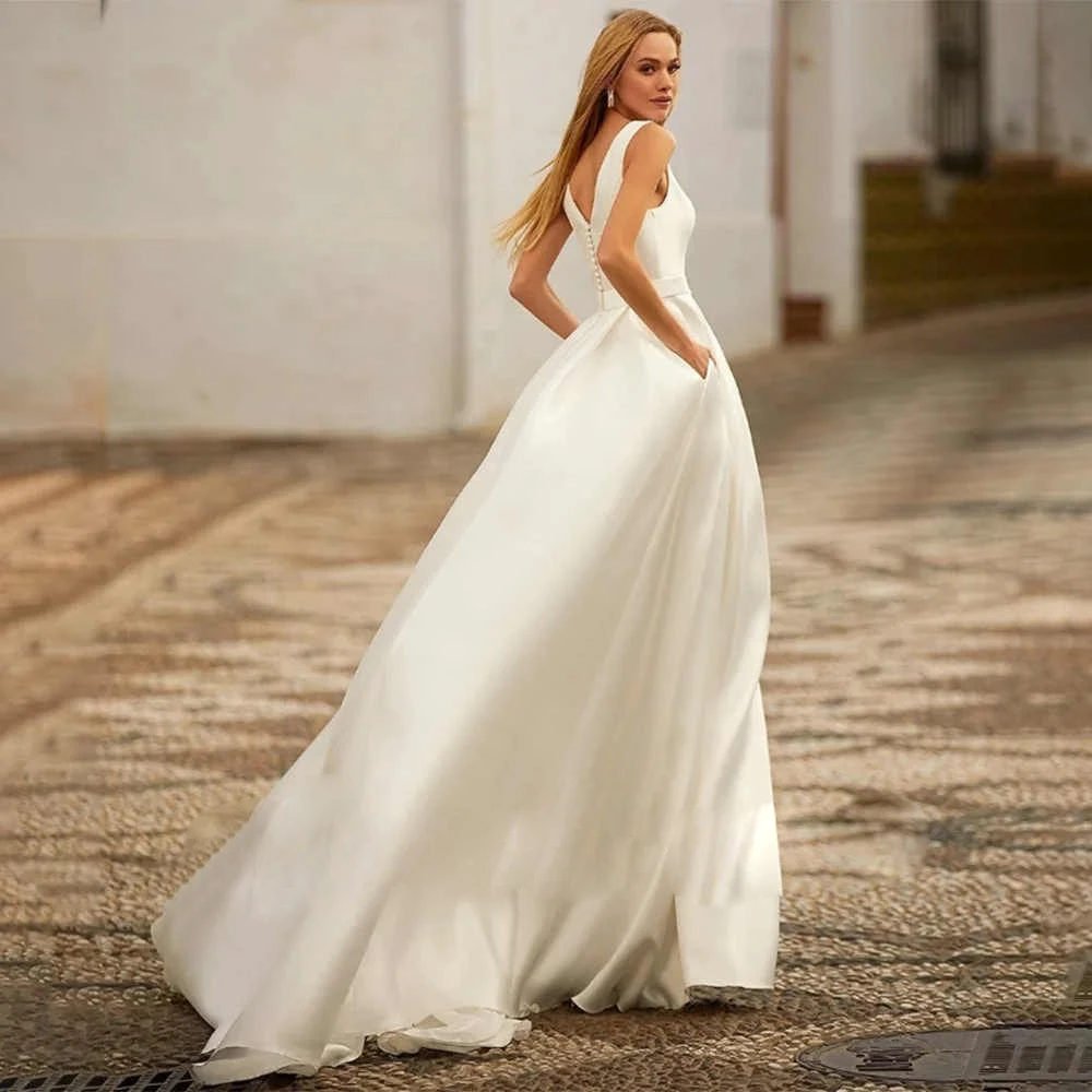 

Simple Satin Banquet Dresses V-Neck Sleeveless Backless Trailing Gowns for Party Pageant Prom Cocktail Evening Gowns