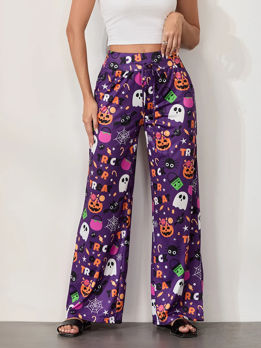 Women Halloween Pajamas Pants Pumpkin Skull Ghost Print Drawstring Wide Leg Pj Bottoms Cute Funny Lounge Sleepwear