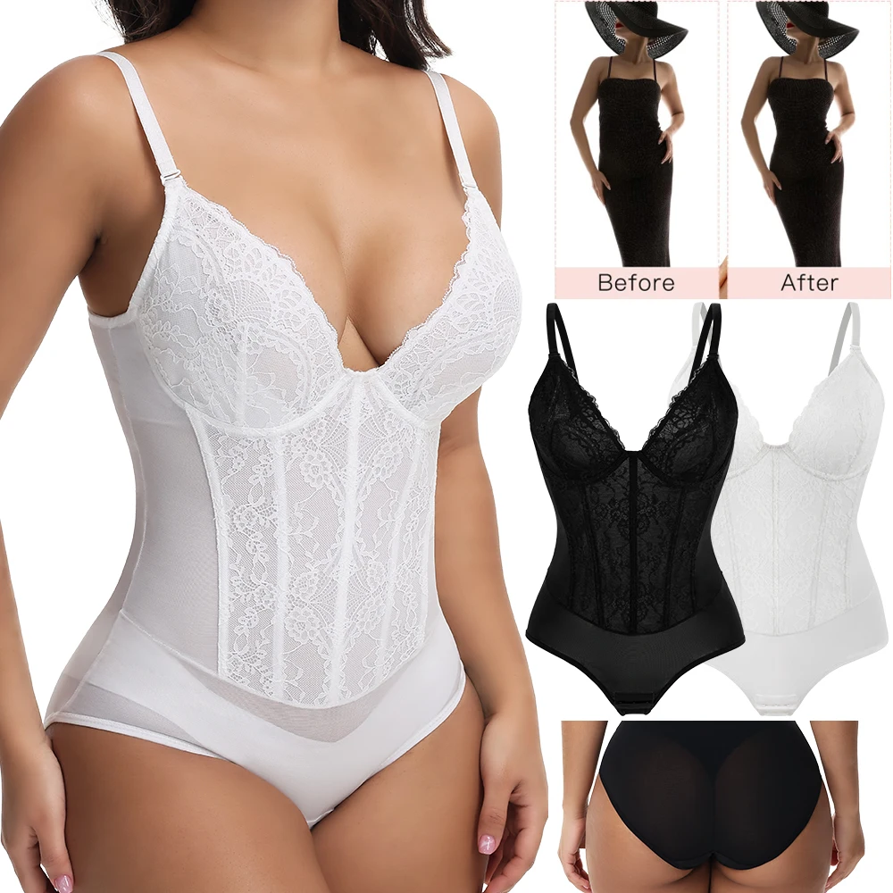 

Women Lace Shapewear Bodysuit Underwire Tummy Control Full Body Shaperwear V-Neck Corset Top Jumpsuit Briefer Lingerie Sexy Wear