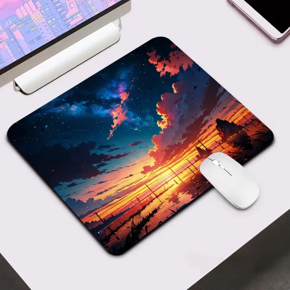 แผ่นรองเมาส์ลายทิวทัศน์พระอาทิตย์ตกแบบญี่ปุ่น แผ่นรองเมาส์สำหรับคอมพิวเตอร์ สำนักงาน เล่นเกม ทำจากยางกันลื่น ขนาดกะทัดรัด ใช้ตกแต่งโต๊ะทำงาน