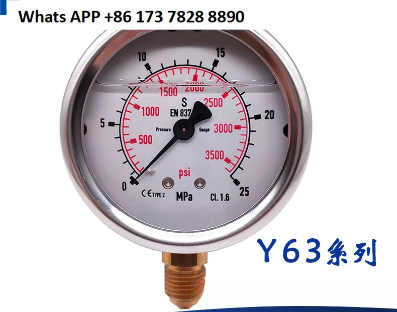 

Stainless steel Y63 hydraulic EN837-1 seismic pressure gauge 213.53.063 25Mpa/psi