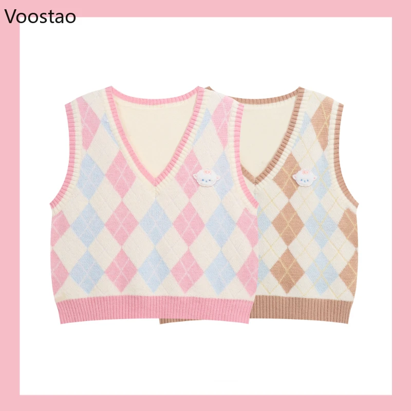 Sweet Lolita Knitted Vest Japanese Kawaii Plaid Cartoon Sheep Embroidery JK Sweater Tank Tops Girls Cute Sleeveless Waistcoat