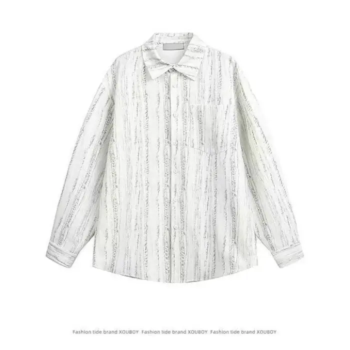 เสื้อคลุมผู้ชายลายทางย้อมสีสไตล์อเมริกัน แขนยาว ทรงหลวม สวมใส่สบาย เหมาะสำหรับฤดูใบไม้ร่วง ใช้งานได้หลากหลาย เนื้อผ้าเบา