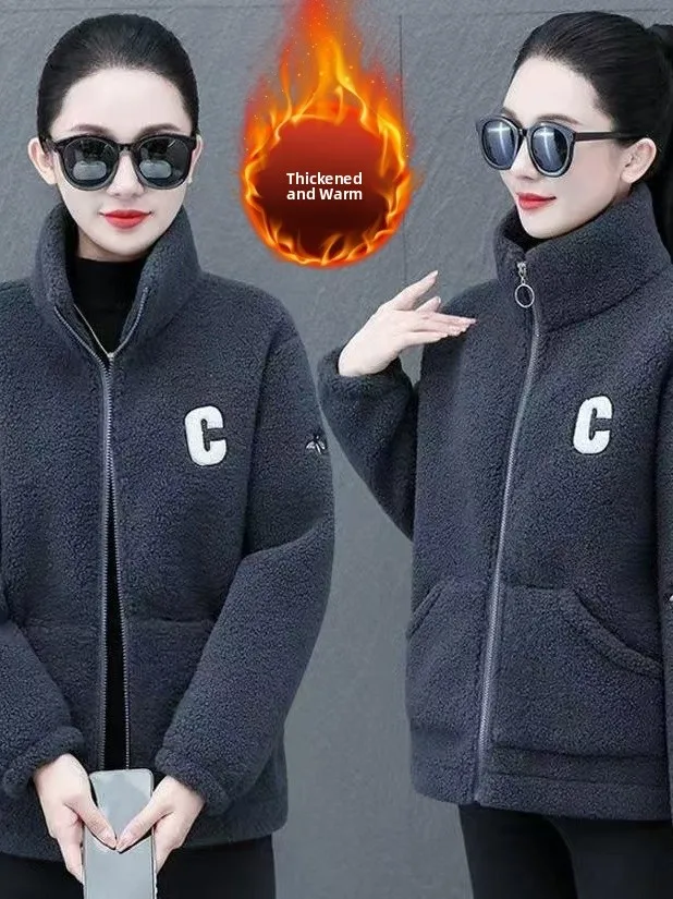 

plus Size Mommy Style Thickened Lamb Fur Jacket Women's Winter New Particle Velvet Slimming Top High Waist Korean Version