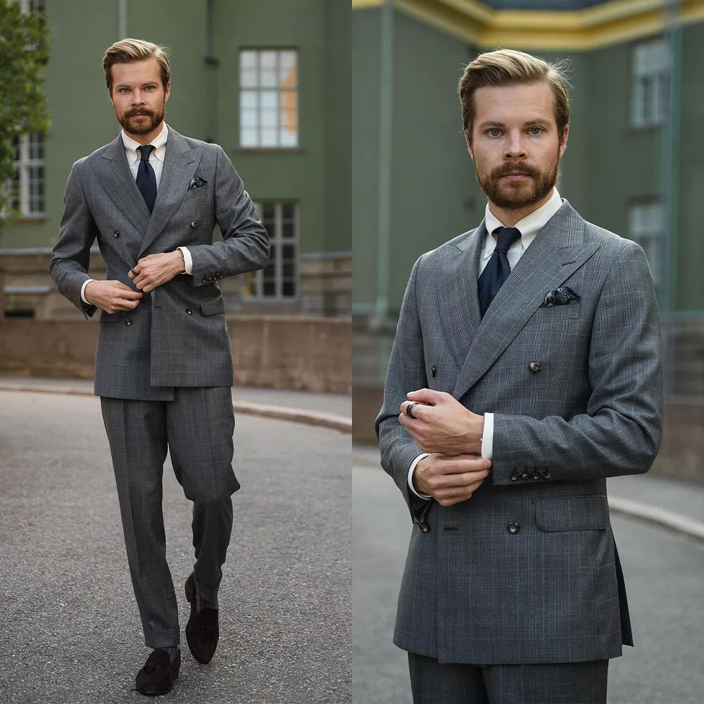 Latest Grey Gentleman Men Suits With Two Pieces Lattice Slim Designer Wedding Formal Occasion Tuxedos Jacket and Pants