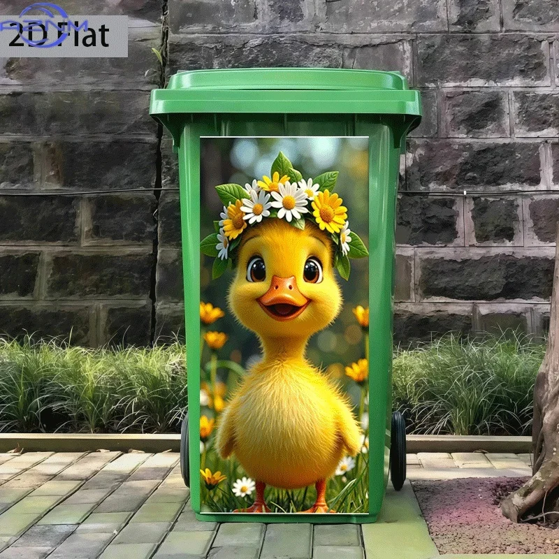 2D Flat Printing 1pc Trash Can Sticker 37×82cm Small Yellow Duck in Flowers Theme Design Self-Adhesive Wall Decal Wallpaper Su