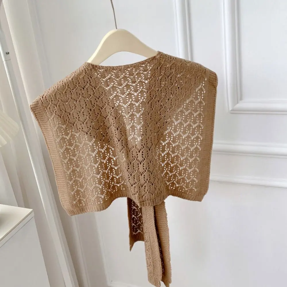 Simple Solid Color Knitted Shawl Hollow Out Korean Style Neck Guard Blouse Knotted Fake Collar Cape Clothes Decoration