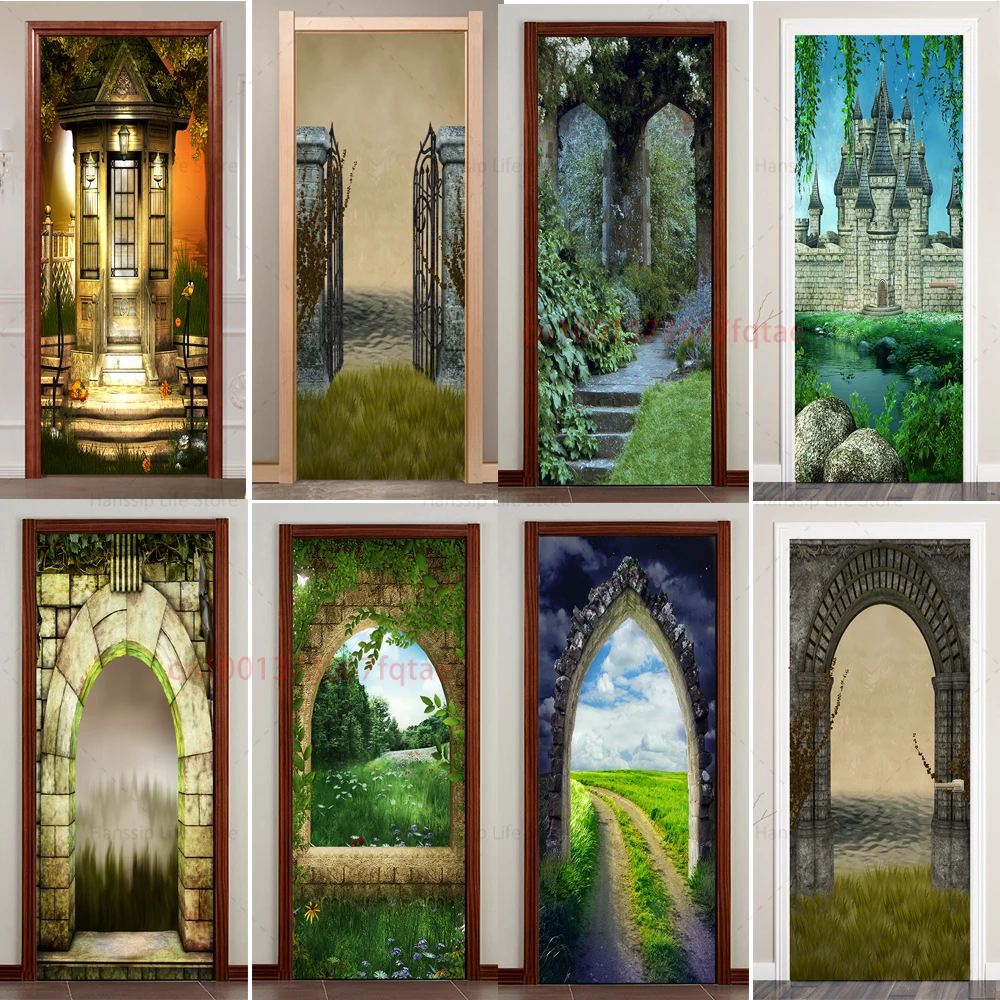 

3D Bamboo Forest Path Door Sticker Renovation Self-Adhesive Bedroom Wall PVC Sticker Forest Castle Theme Decoration Sticker