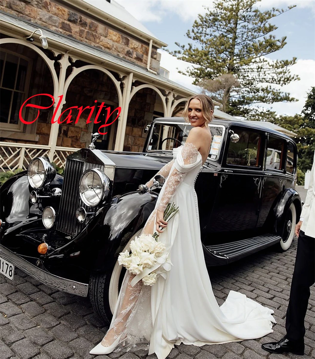

Customized Modern White Satin Lace Evening Dress Elegant Strapless Off the Shoulder Long Sleeves Lace Up Back Homecoming Dress