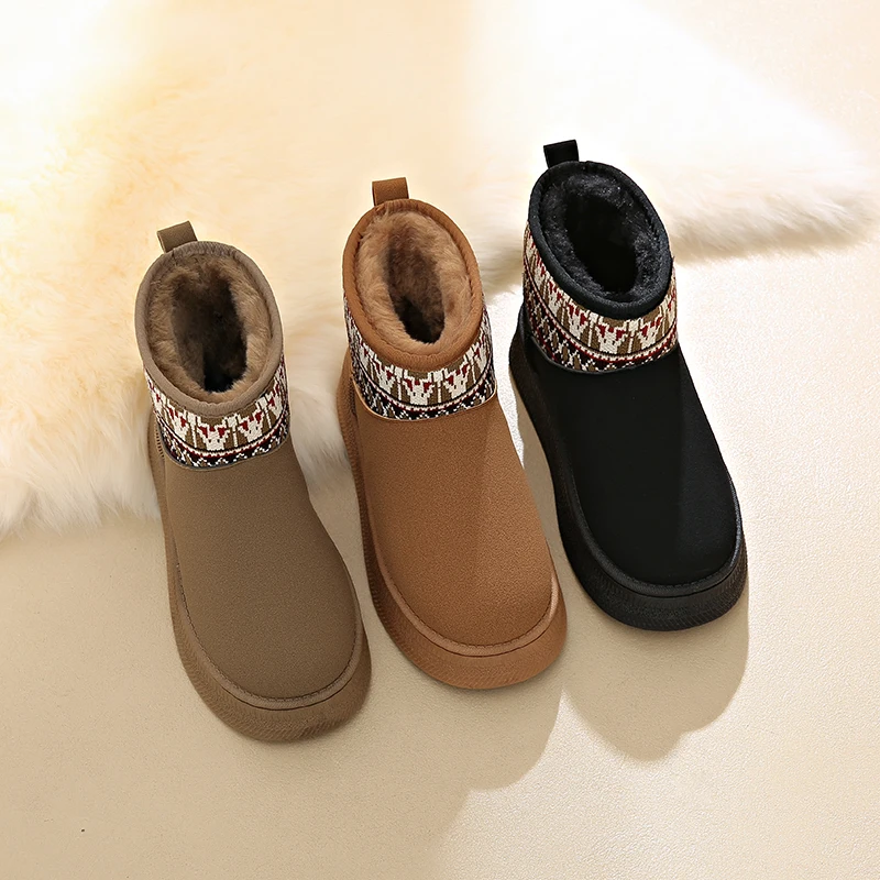 أحذية نسائية عصرية ودافئة، أحذية ثلج شتوية من جلد الغزال، أحذية قطنية مضادة للانزلاق، بسيطة وخفيفة الوزن