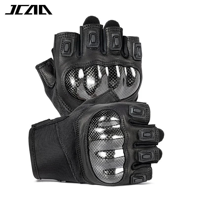 

Men Summer Half Finger Women Genuine Leather Bike Non-Slip Motorcycle Gloves Carbon Fiber Shell Protection Riding Moto Gloves