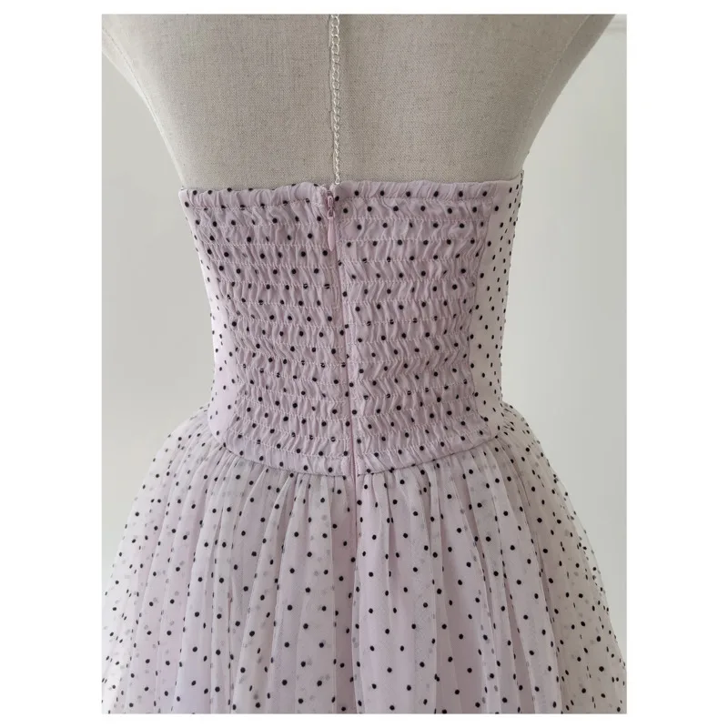 VIBE French Style Polka Dot Flocked Mesh Dress Backless Halter Neck Vacation Dress Puffy Tube Top Cake Dress 2025