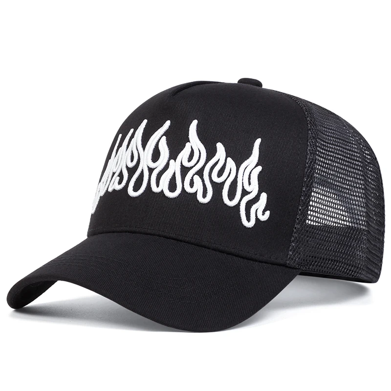 Unisex Flame Embroidery Baseball Net Caps Spring and Summer Outdoor Adjustable Casual Hats Sunscreen Hat