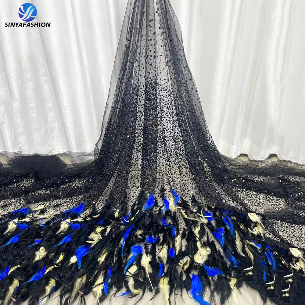 

Sinya African Luxury Beaded 3D Feather Lace Fabric 2023 High Quality French Tulle Applique Embroidery Sequins Lace For Wedding